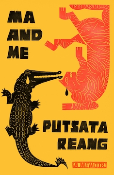 Book cover of Ma and Me by Putsata Reang. Orange background and black text with an image of a crocodile and a tiger.