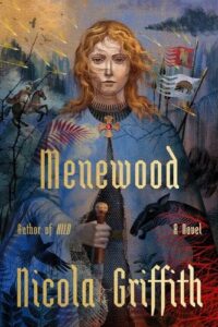 Book cover depicting a young woman wearing a blue cloak holding a knife in front of an unfocused backgrounds with banners
