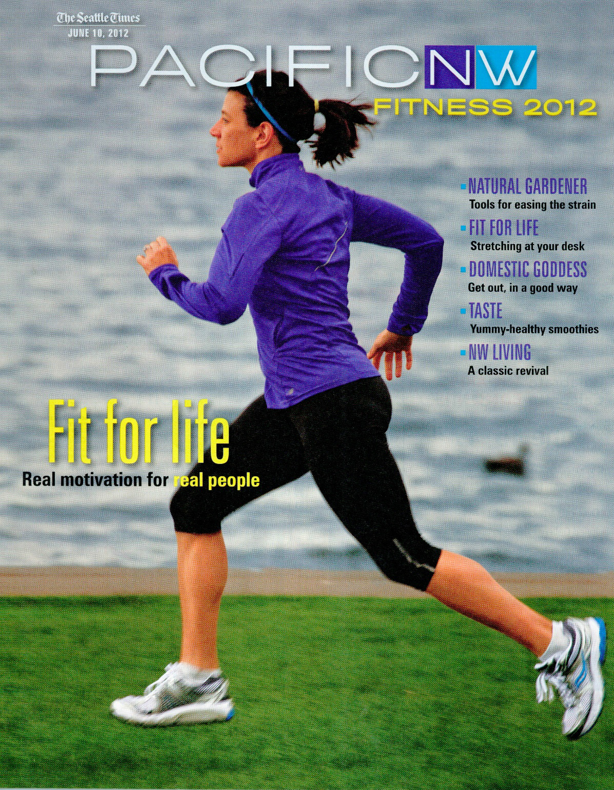 A Magazine cover for PNW Magazine, picturing a white woman with a blue shirt and black leggings running in front of a body of water