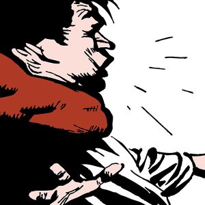 A stylizd drawing of a man with a red shape around his neck from the side, hands spread, lines spraying from his mouth