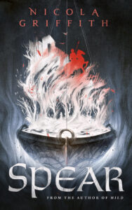 A book cover image with the word SPEAR in white lettering on a black ground over an image of a cauldron filled with flame.