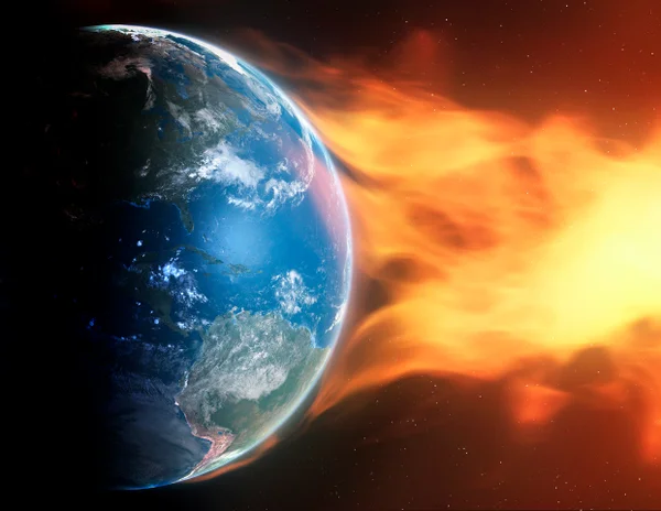 A stylized image of the earth from space being bathed by a red flare