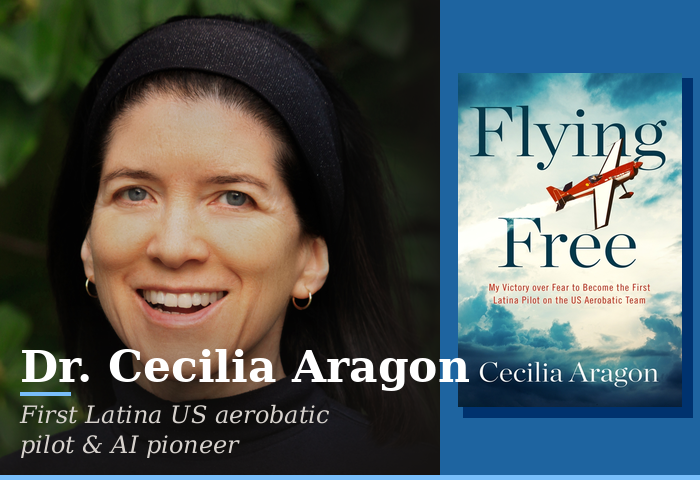Portrait of Dr. Cecilia Aragon smiling with the book Flying Free shown on a blue background to the right.